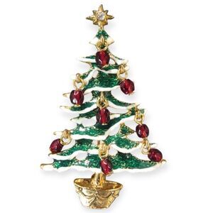 Avon Christmas Tree Brooch W/ Enamel And Dangle Ornament